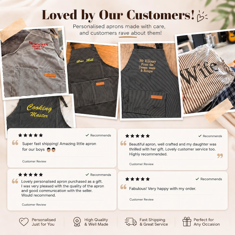 May include: A collection of black and white striped aprons featuring embroidered text such as Cooking Master, Bar Hell, Mr. Killoury, and Wife. Each apron includes a front pocket with a small brown leather-like patch and customer review text.