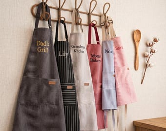 Personalized Apron for Women Men, Custom Name Embroidered Chef Apron, Striped Kitchen Apron with Pockets, Cooking Gift for Her Him