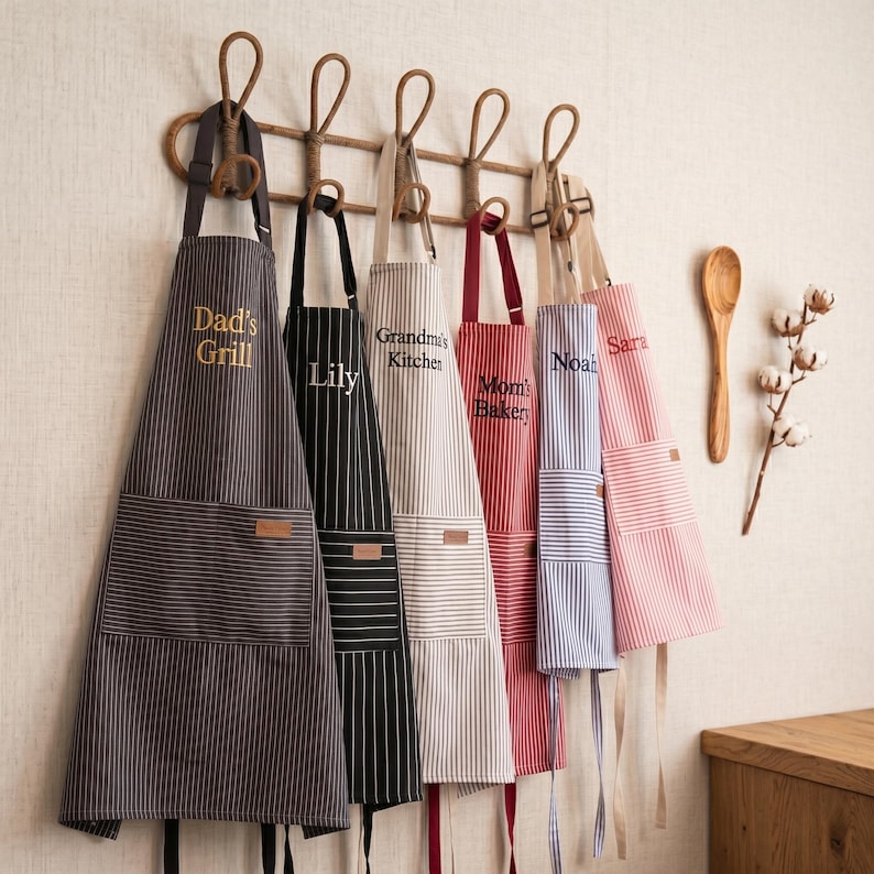 May include: Collection of striped aprons suspended from a wooden rack. Each apron displays a different colour and text, such as "Dad's Grill," "Lily," "Grandma's Kitchen," "Mom's Bakery," "Noah," and "Sara." A wooden spoon and cotton stems are also present.