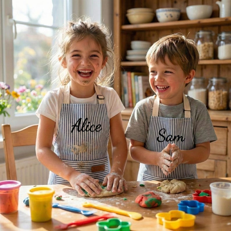 May include: Two children wearing matching blue and white striped aprons with the names Alice and Sam embroidered in black script. They are standing at a wooden table covered in colourful modelling clay, various plastic tools, and cutters.