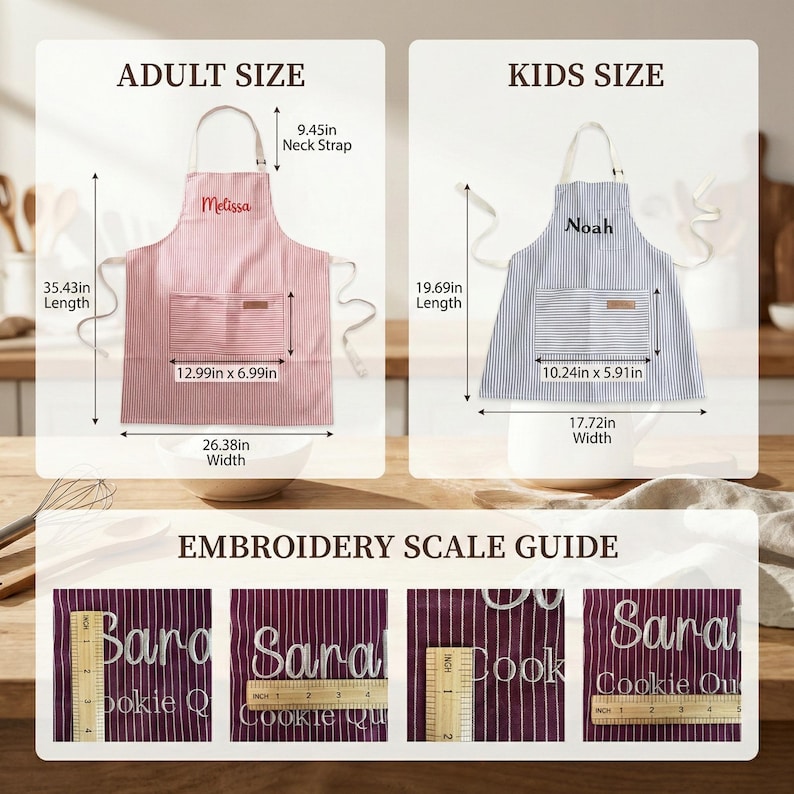 May include: An adult-sized pink striped apron measuring 90cm in length and 67cm in width, and a kids-sized blue striped apron measuring 50cm in length and 45cm in width. Both feature front pockets and embroidery scale guides with visible rulers.