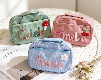 Bolsa de almuerzo de pana personalizada / Lonchera térmica con nombre personalizado / Bonita bolsa de almuerzo bordada / Bolsa de almuerzo para la vuelta al cole / Regalo para ella
