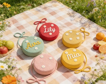 Sac à bandoulière en paille tissée à la main pour enfant avec nom de fil épais personnalisé, sac à main de voyage pour tout-petits, sac à bandoulière de plage pour enfants