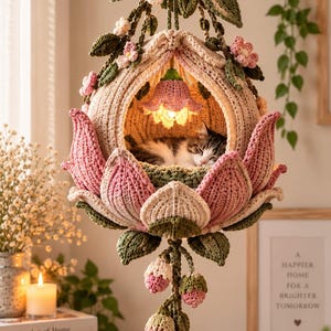 May include: A hanging crochet cat bed shaped like a large lotus flower in shades of pink, cream, and green. The structure features layered petals, hanging floral accents, and a small internal light illuminating a sleeping tabby cat inside.