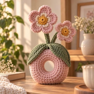 May include: A crochet decorative object featuring a pink donut-shaped base with two green leaves at the top. Two flowers with pink petals, white centers, and yellow cores extend upward from the center of the base on green stems.