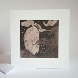 May include: A square art print featuring a detailed illustration of a bird with a long beak, set against a dark background with stylized clouds and stars. The bird is depicted in shades of beige and brown, with a white border.