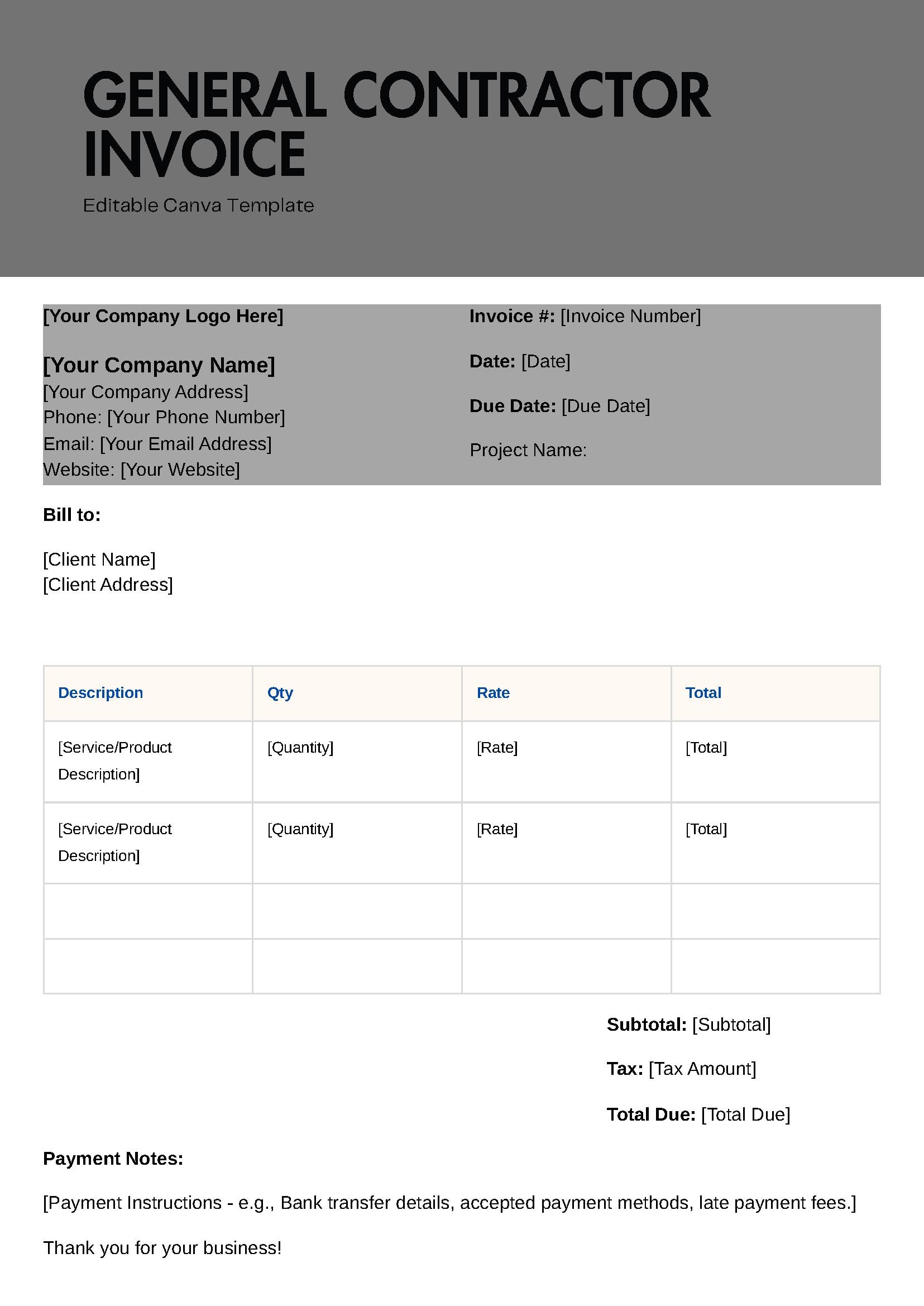 General Contractor Invoice Template | Editable Canva Invoice ...