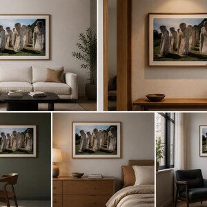 May include: A framed horizontal wall art print featuring a photographic scene of several light-colored, humanoid figures standing in a grassy outdoor field. The artwork is displayed in various interior settings, including living rooms and bedrooms.