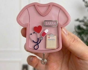 Personalized Nurse Badge Reel with Name, Pink Scrub Shaker Badge Holder, Cute Medical ID Clip, Custom RN Gift, Healthcare Worker Accessories