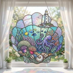 Puede incluir: Colgante de ventana de concha de vidrio manchado con una escena submarina. El diseño incluye un pulpo, peces, coral y un faro. Los colores son tonos de azul, verde, morado y amarillo. La pieza está colgada frente a una ventana.