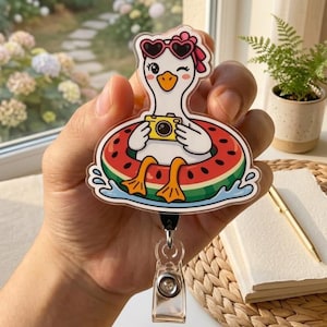 Cute Goose Summer Badge Reel, Watermelon Float Badge Holder, Retractable ID Clip, Aesthetic Work Badge, Gift for Nurse, Teacher,Office Staff