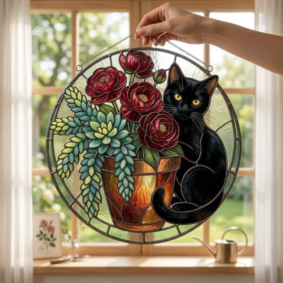 Black Cat Stained Glass Suncatcher, Cat Lover Window Hanging Decor ...