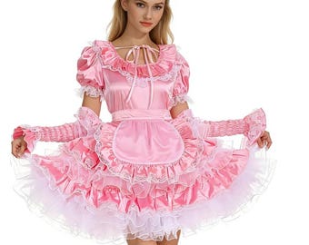 Girl boy pink lockable satin dress maid role-playing costume customization