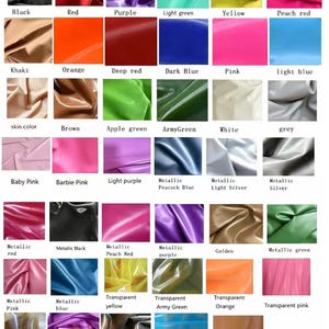 May include: A grid of forty-two fabric swatches displaying a variety of colors and finishes, including solid, metallic, and transparent options. Each swatch is labeled with its corresponding color name, such as black, red, purple, light green, yellow, peach red, khaki, orange, deep red, dark blue, pink, light blue, skin color, brown, apple green, army green, white, grey, baby pink, barbie pink, light purple, metallic peacock blue, metallic light silver, metallic silver, metallic red, metallic black, metallic peach red, metallic purple, golden, metallic green, metallic pink, metallic blue, transparent yellow, transparent army green, transparent orange, transparent pink, transparent, transparent purple, transparent black, transparent blue, and transparent brown.