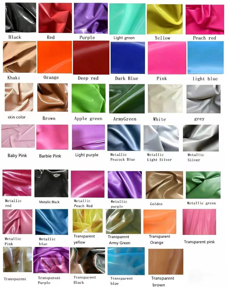 May include: A grid of forty-two fabric swatches displaying a variety of colors and finishes, including solid, metallic, and transparent options. Each swatch is labeled with its corresponding color name, such as black, red, purple, light green, yellow, peach red, khaki, orange, deep red, dark blue, pink, light blue, skin color, brown, apple green, army green, white, grey, baby pink, barbie pink, light purple, metallic peacock blue, metallic light silver, metallic silver, metallic red, metallic black, metallic peach red, metallic purple, golden, metallic green, metallic pink, metallic blue, transparent yellow, transparent army green, transparent orange, transparent pink, transparent, transparent purple, transparent black, transparent blue, and transparent brown.