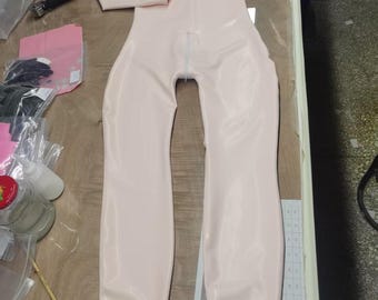 Handmade Light Pink Latex Cat Suit Jumpsuit, Neck Entrance, Crotch Zipper, Customizable