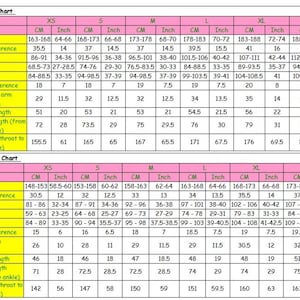May include: A two-part size chart table with pink headers labeled Male's Size Chart and Female's Size Chart. The yellow-columned grid displays body measurements in centimeters and inches for sizes XS through XXL, including height, neck, bust, waist, hip, wrist, arm, and leg dimensions.