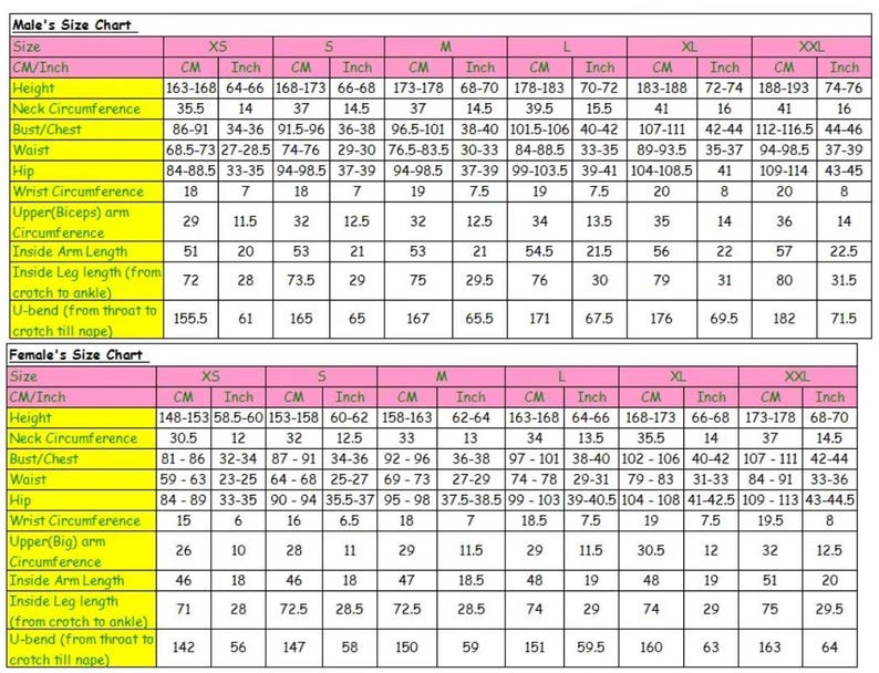 May include: A two-part size chart table with pink headers labeled Male's Size Chart and Female's Size Chart. The yellow-columned grid displays body measurements in centimeters and inches for sizes XS through XXL, including height, neck, bust, waist, hip, wrist, arm, and leg dimensions.