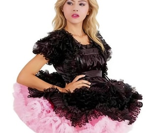 Ladies and boys satin dress square neck fluffy short skirt maid role-playing dress customization