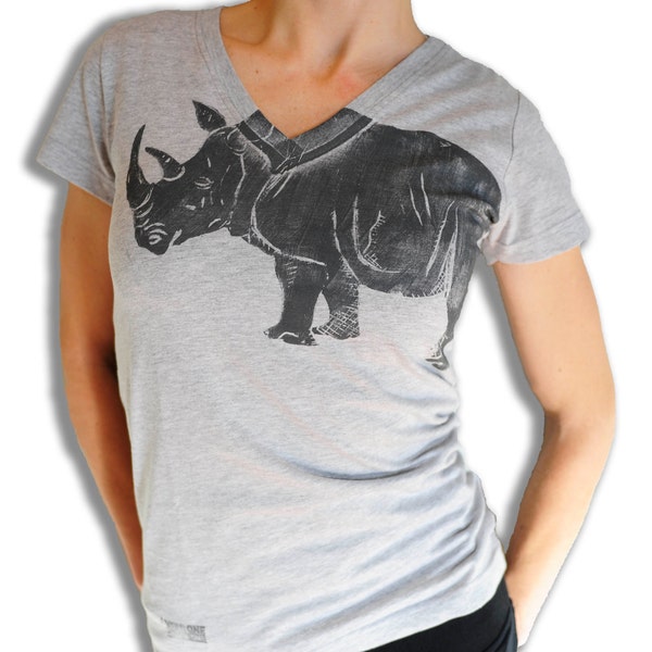 Wear One Share One Benefiting Children in Need Rhino Print V-neck for Women in Heather Grey or White