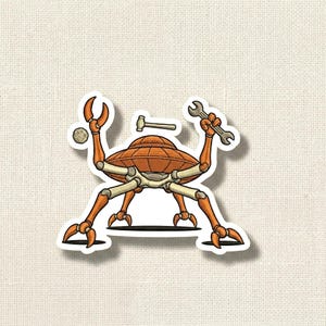 May include: A sticker featuring a cartoon crab-like robot with orange and beige details. The robot holds a wrench, hammer, and a ball. The robot has a circular body and multiple legs. The sticker has a white border.