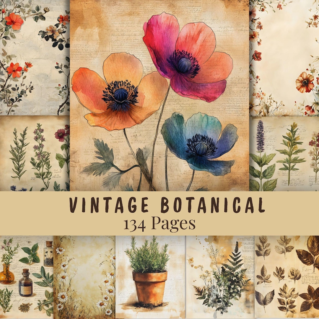 Vintage Botanical Junk Journal Kit Printable Floral Papers Ephemera ...
