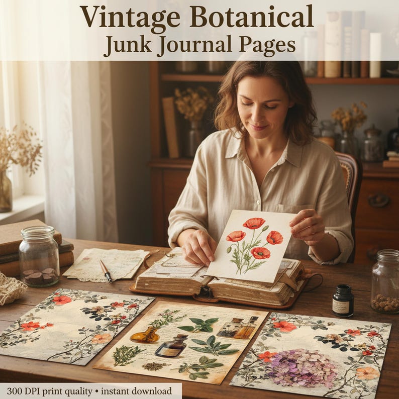 Vintage Botanical Junk Journal Kit Printable Floral Papers Ephemera ...