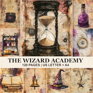 May include: A digital collage featuring an hourglass, a cauldron, potion bottles, a compass, an open book, a bell, a star-patterned hat, and a star pendant. The text reads THE WIZARD ACADEMY 120 PAGES | US LETTER + A4 on a parchment-style background.