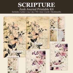 Può includere: Un kit stampabile per diario spazzatura con disegni floreali. Il kit include pagine lettera e A4, pagine A5 e TN, pagine di diario 6x9, carte 4x6 e segnalibri 2x6. Il testo "SCRIPTURE" è in alto.