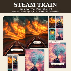 May include: A printable junk journal kit with a steam train theme. The kit includes letter and A4 pages, A5 and TN pages, 6x9 journal pages, cards, and bookmarks. The artwork features a steam train on a railway track under a dramatic sky.