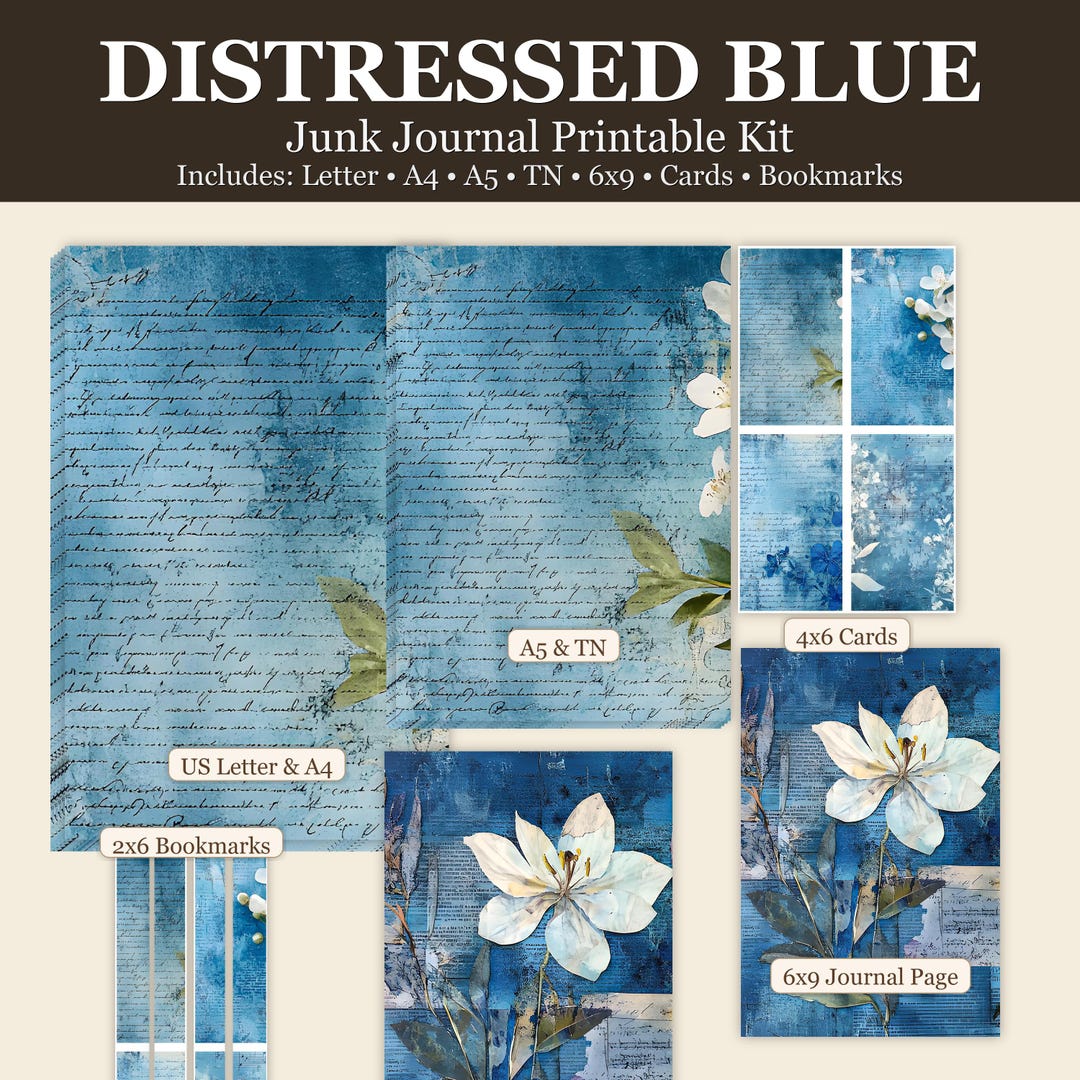 Distressed Blue Junk Journal Kit • Printable Vintage Ephemera Pages for ...