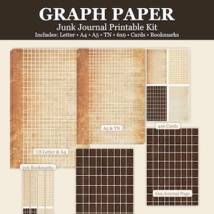 May include: A printable junk journal kit with graph paper designs. The kit includes letter, A4, A5, TN, 6x9, cards, and bookmarks. The designs feature a grid pattern with a vintage aesthetic, in shades of brown and beige.