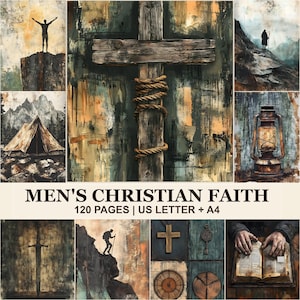 May include: A digital collage featuring a central wooden cross wrapped in rope, surrounded by scenes of a person on a cliff, a tent, a lantern, a sword, a hiker, a cross pendant, a key, a clock, and hands resting on an open book, with text reading MEN'S CHRISTIAN FAITH 120 PAGES | US LETTER + A4.