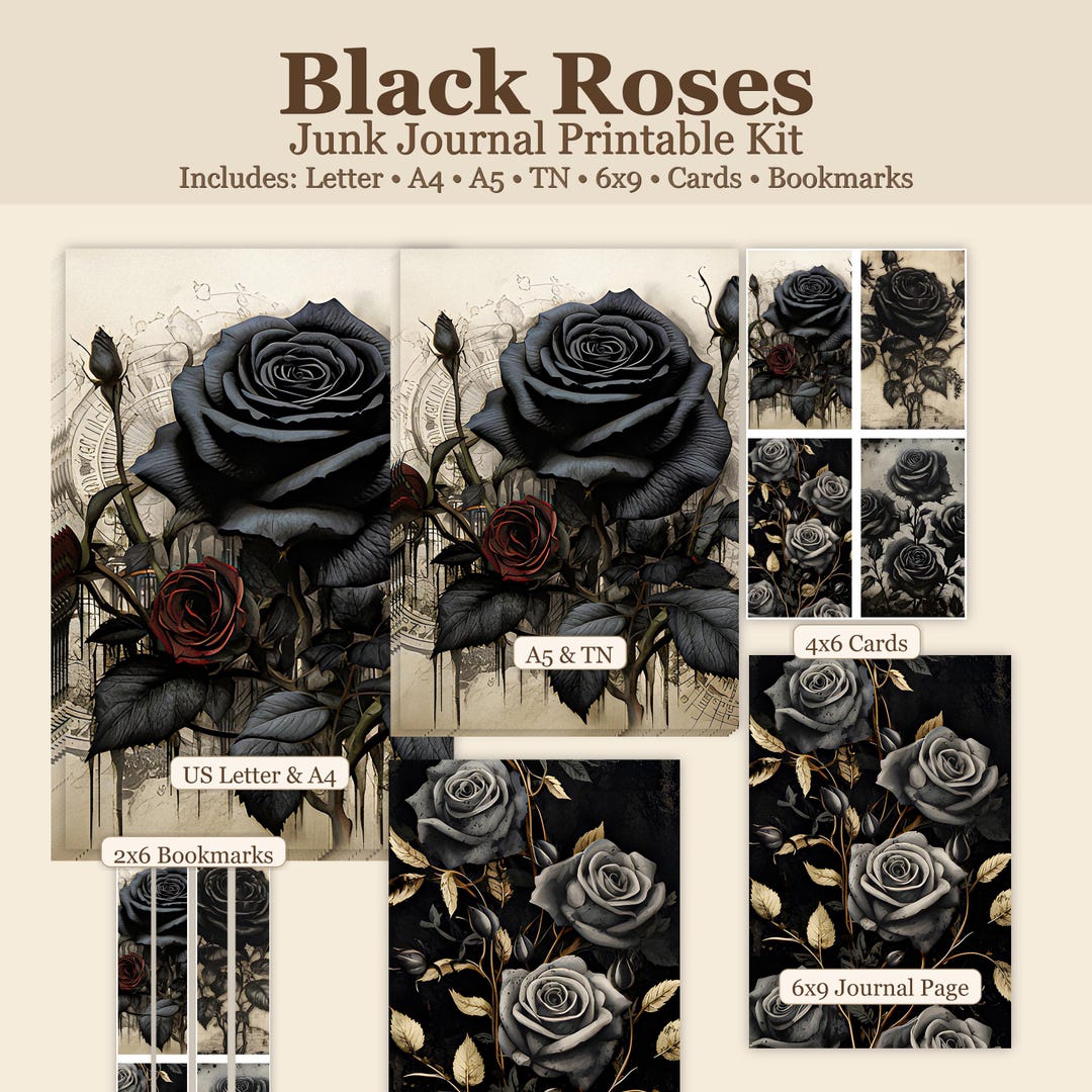 Black Roses Junk Journal Kit, Printable Gothic Journal Pages, Dark ...