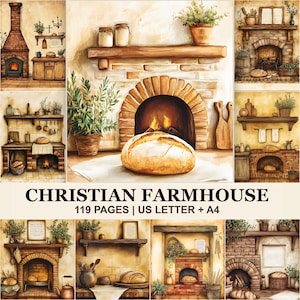 May include: A digital collection titled CHRISTIAN FARMHOUSE featuring 119 pages of watercolor illustrations depicting rustic brick fireplaces, wooden shelves, potted plants, and loaves of bread, available in US Letter and A4 paper sizes.