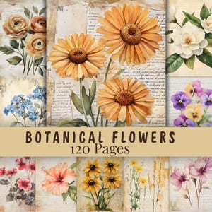 May include: A collection of watercolor botanical flower illustrations. The image features various floral arrangements, including roses, marigolds, and pansies, set against a backdrop of aged paper with handwritten script. The text "BOTANICAL FLOWERS 120 Pages" is displayed.