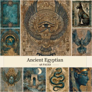 May include: A collage of Ancient Egyptian art prints. The central image features the Eye of Horus with detailed wings. Other images include Anubis, scarabs, and hieroglyphs. The color palette is a mix of teal, gold, and sepia tones, with the text "Ancient Egyptian" and "98 PAGES".