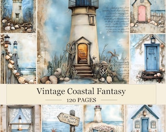Vintage Coastal Junk Journal Kit afdrukbaar, Lighthouse Beach dagboekpagina's, Seashell Seagull nautisch plakboekpapier