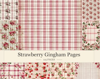Kit per junk journal a quadretti con fragole, pacchetto di carta digitale floreale rosa, pagine per scrapbooking in stile cottagecore vintage.