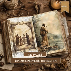May include: An open journal kit featuring 120 pages with vintage-style illustrations of figures in robes. The left page shows a framed scene of four people, while the right page depicts a lone traveler with a staff. Text reads 120 PAGES and PSALMS & PROVERBS JOURNAL KIT.