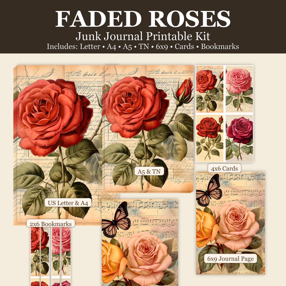Faded Roses Junk Journal Kit, Printable Vintage Rose Ephemera Pack ...