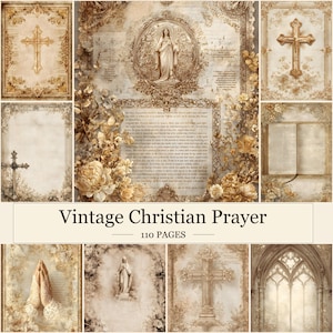 Może przedstawiać: Kolekcja 110 stron zatytułowana Vintage Christian Prayer, zawierająca ilustracje w odcieniach sepii przedstawiające krzyże, postacie religijne, złożone do modlitwy dłonie, otwarte księgi oraz kwiatowe obramowania z ozdobnymi ramami i tekstem.