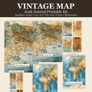 May include: A vintage map printable kit with various sizes, including US Letter, A4, A5, and 6x9 journal pages, plus cards and bookmarks. The maps feature a detailed, aged aesthetic with tan, blue, and green hues, perfect for junk journals and scrapbooking.