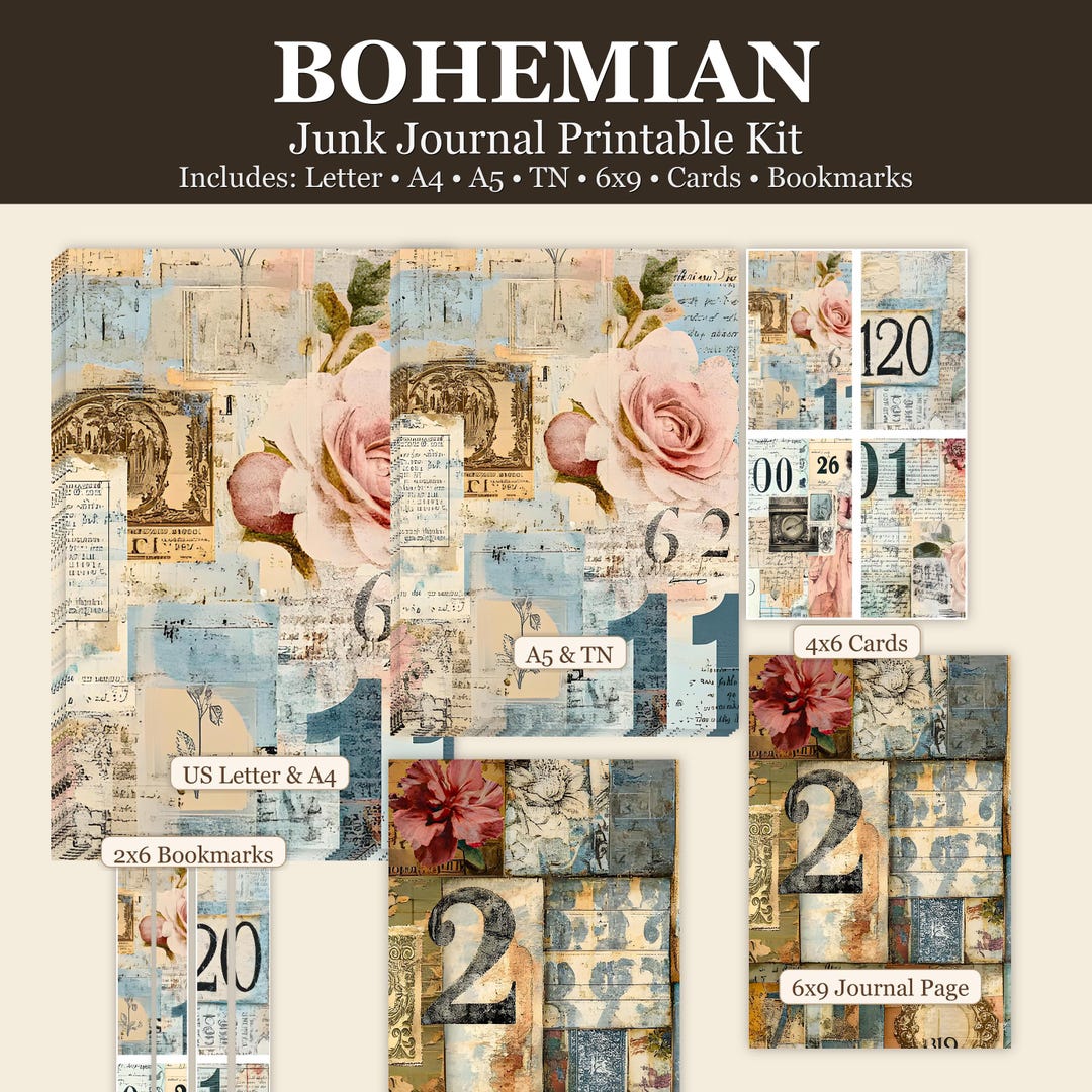 Bohemian Junk Journal Kit Printable, Vintage Style Boho Journal Pages ...