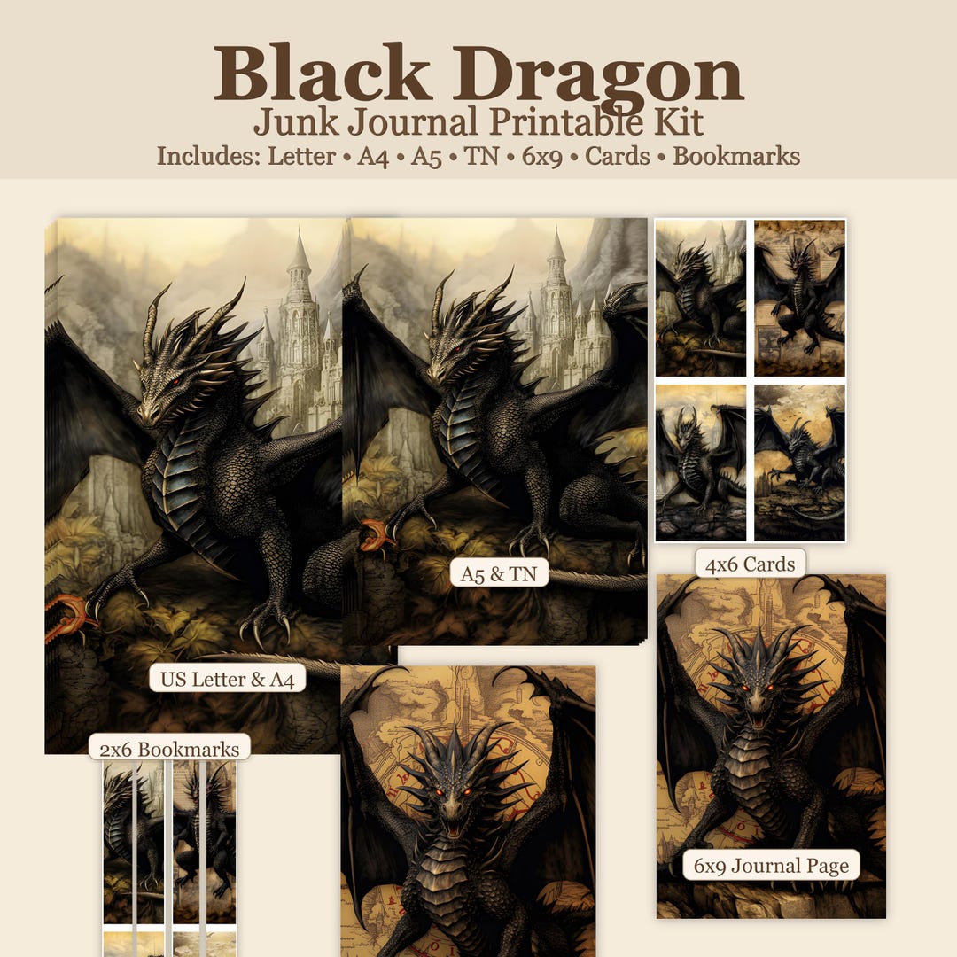 Black Dragon Junk Journal Kit • Fantasy Junk Journal Clipart, Gothic ...