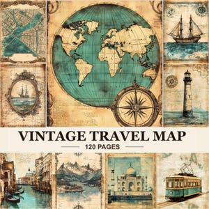 Puede incluir: Una colección de ilustraciones de viajes de estilo antiguo que presenta un gran globo terráqueo central, una rosa de los vientos, un velero, un faro, un mapa urbano, un canal con góndolas, montañas, el Taj Mahal y un tranvía, etiquetado VINTAGE TRAVEL MAP 120 PAGES.