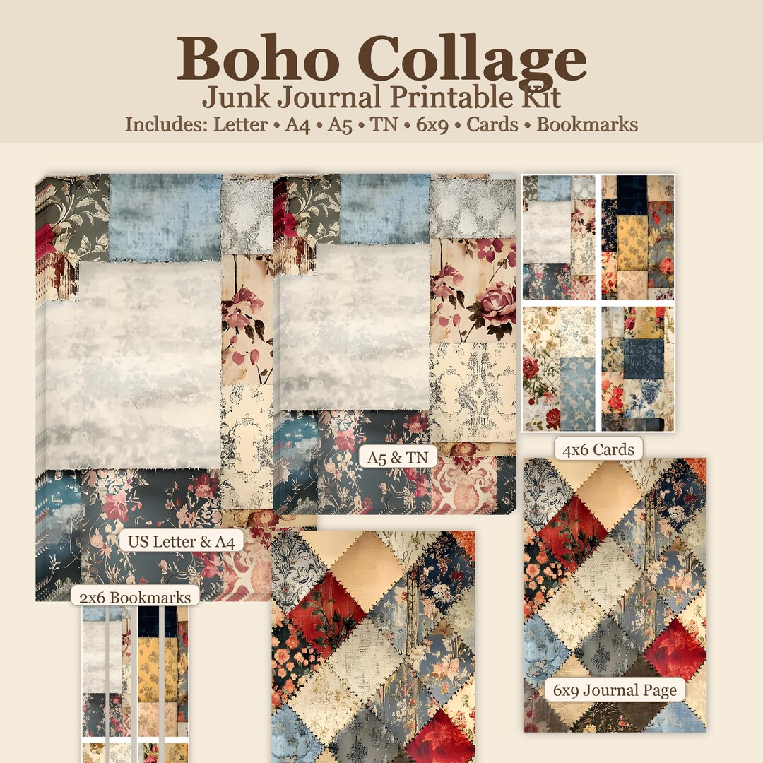 Boho Junk Journal Kit • Printable Collage Junk Journal Pages & Ephemera ...