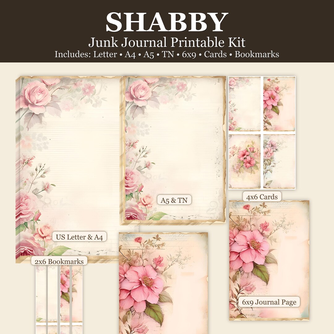 Shabby Chic Junk Journal Printable Kit • Vintage Floral Ephemera Pages ...