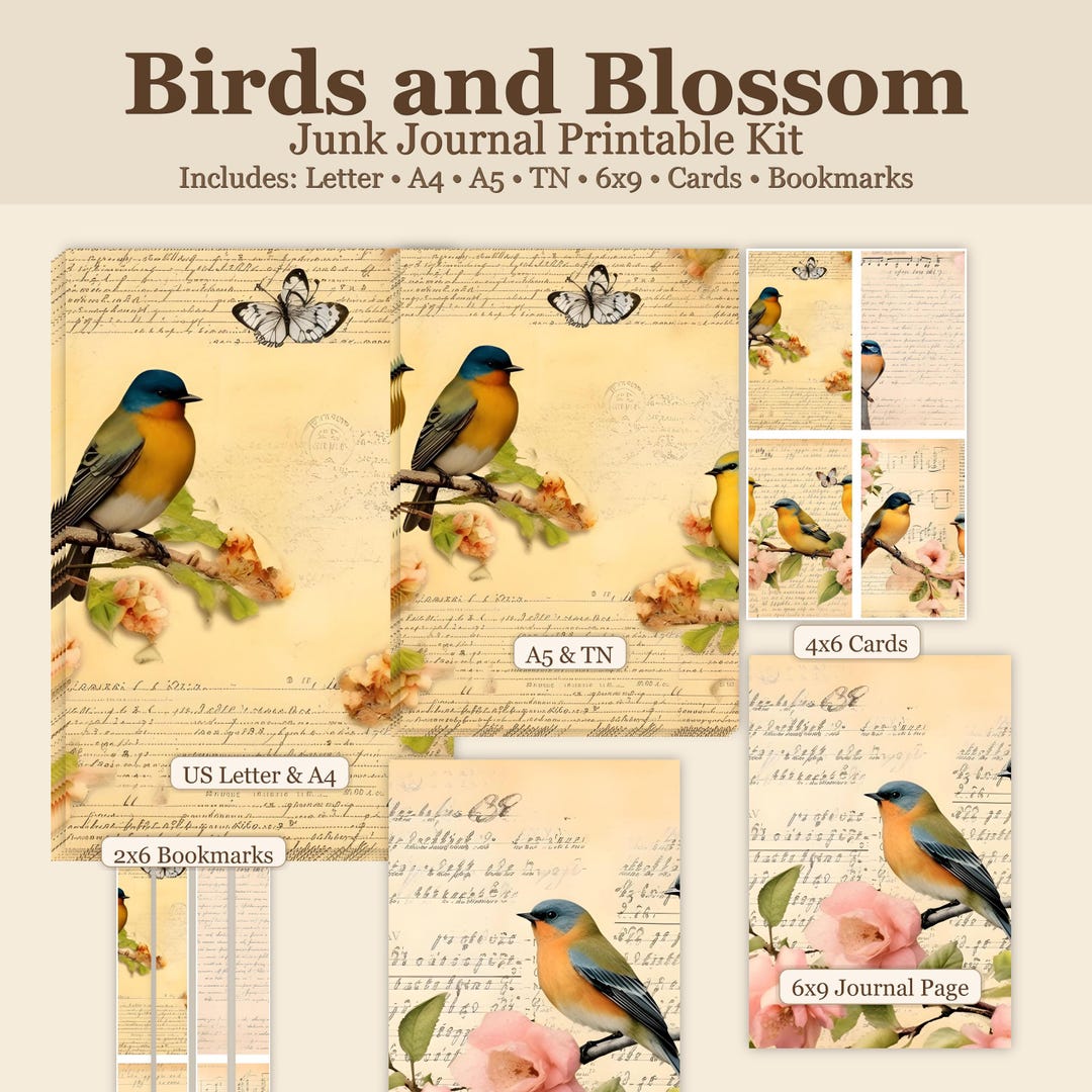 Floral Bird Junk Journal Kit Printable, Vintage Botanical Ephemera Pack ...
