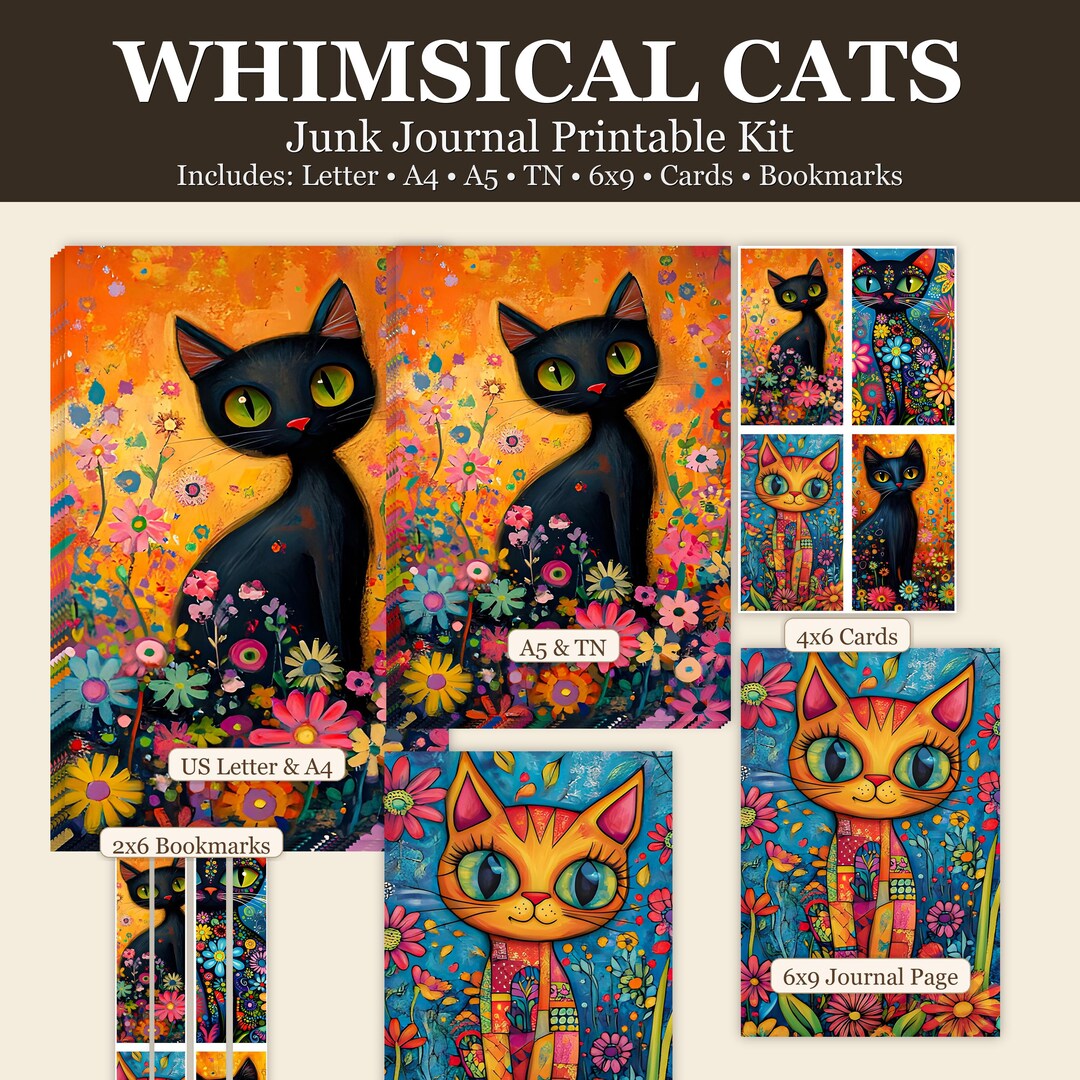 Whimsical Cats Junk Journal Printable Kit • Cute Cat Journal Pages ...